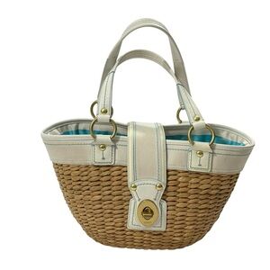Coach Straw Basket Bag White Leather Trim Turnlock Satchel Summer Beach 10728